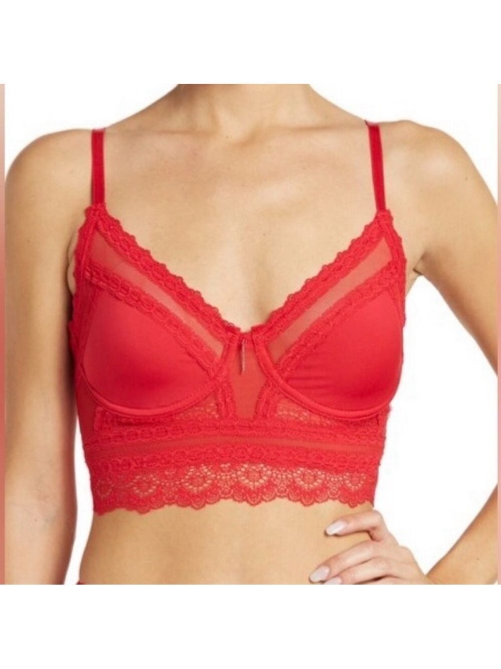 Rachel Roy Elegant Red Floral Lace Trim Bralette Sheer Mess Size 38DD.